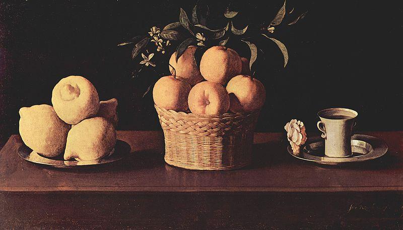 Francisco de Zurbaran Plato con limones cesta con naranjas y taza con una rosa oil painting picture